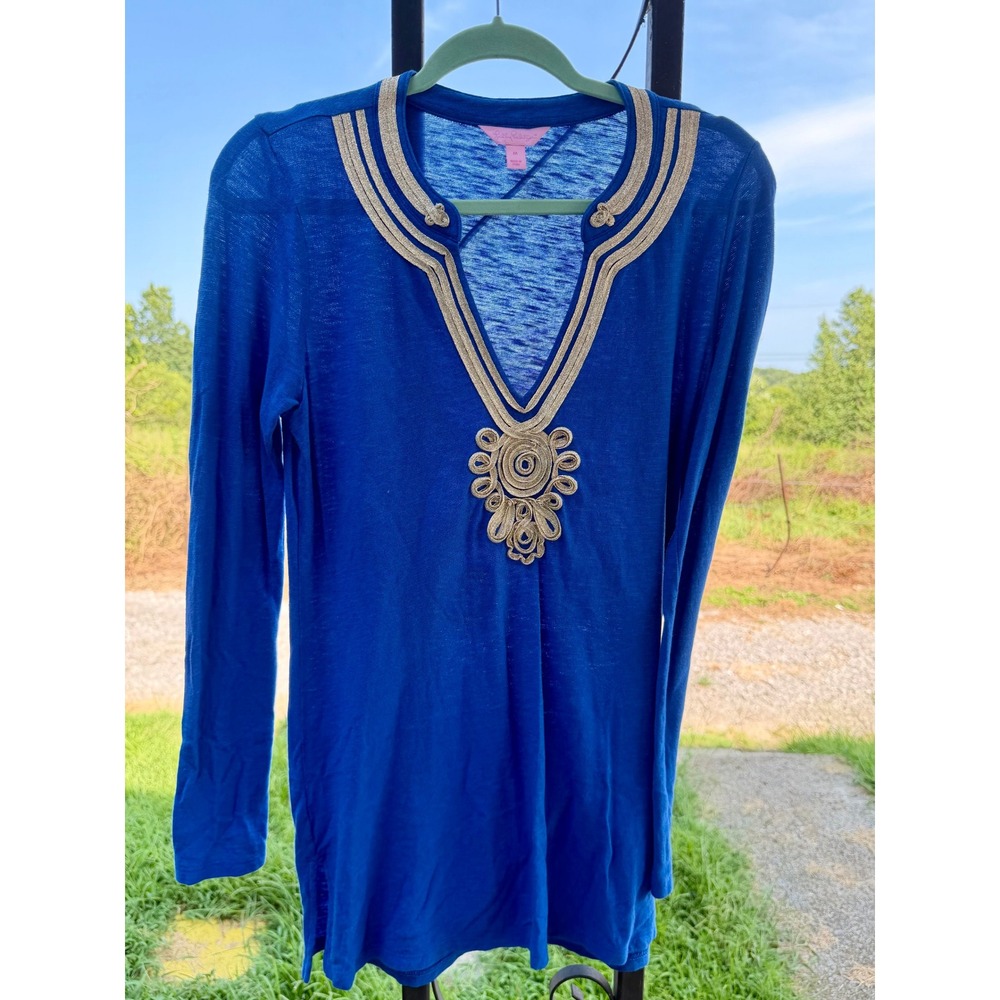 Lilly Pulitzer Royal Blue Gold Soutache Tunic Top Long Sleeve Cotton‎ M 88189